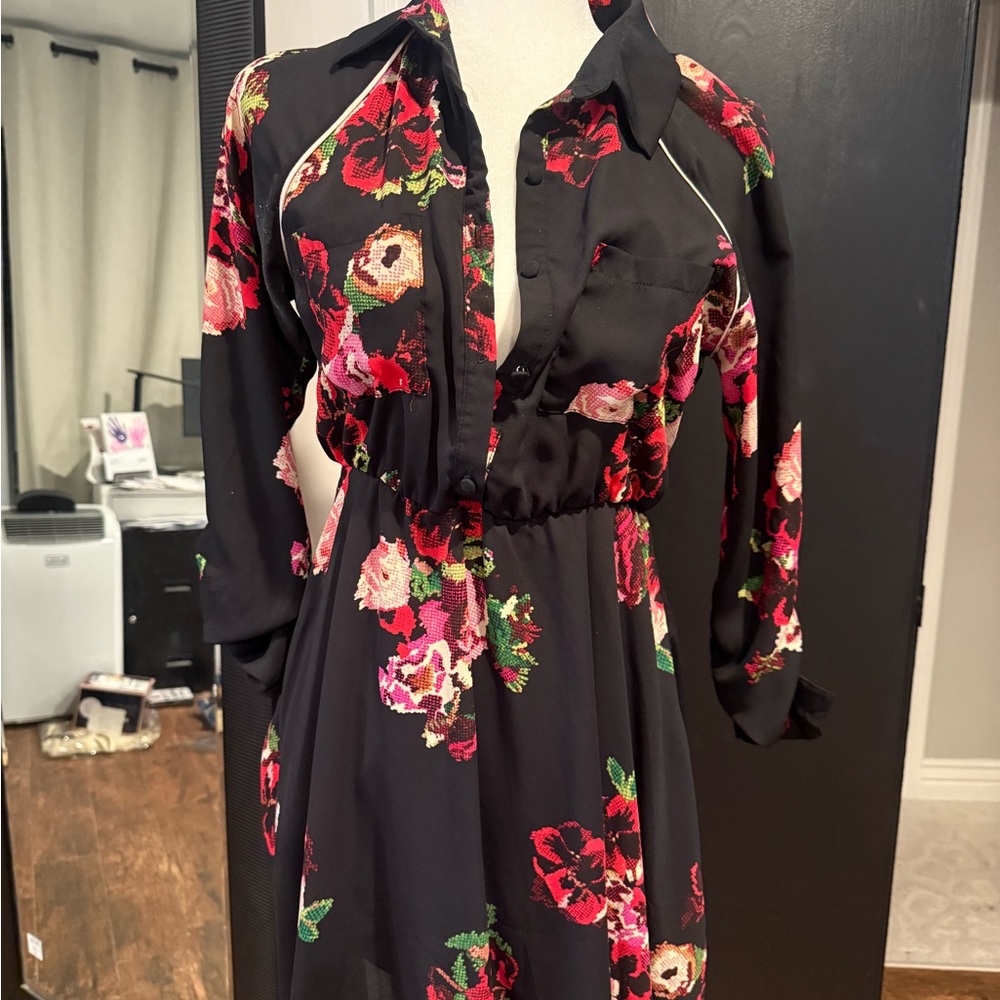 Black Floral Button-Front Women's Dress
